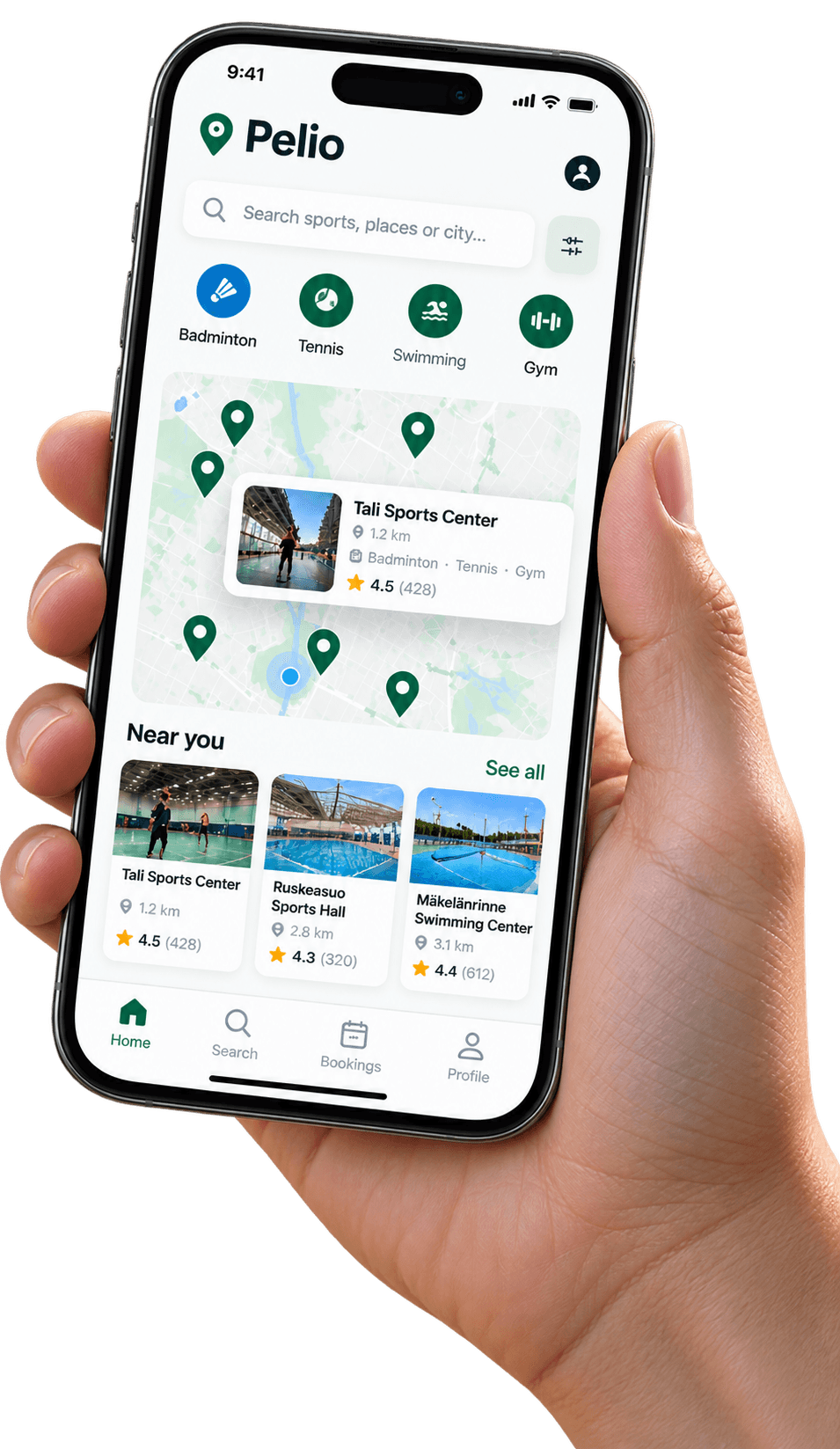 Hand holding the Pelio mobile app.